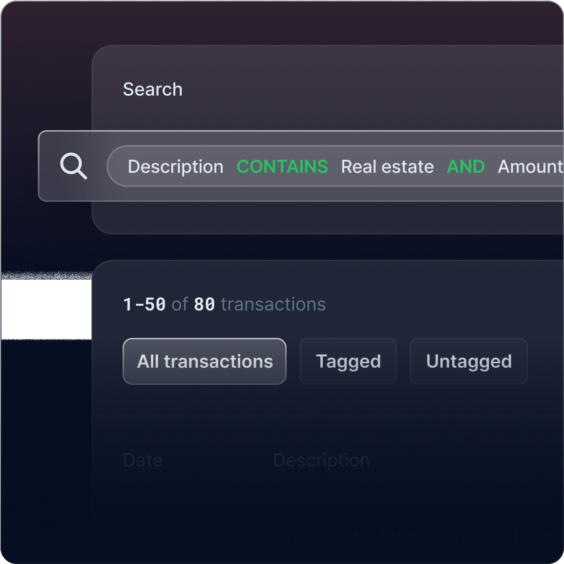 screenshot of transaction search