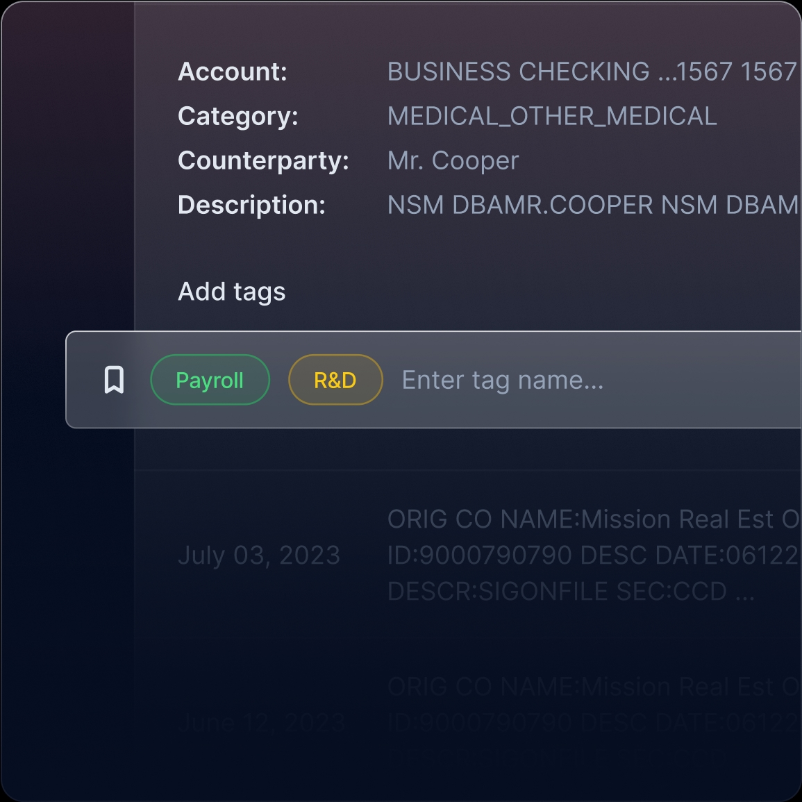 screenshot of transaction tags